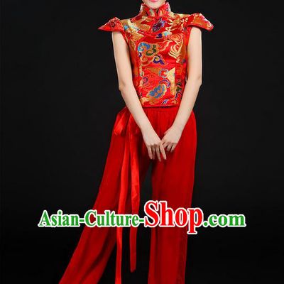 Traditional Chinese Yangge Fan Dancing Costume, Folk Dance Yangko Mandarin Collar Uniforms, Classic Dance Elegant Dress Drum Dance Painting Dragon Red Clothing for Women