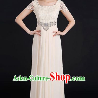 Traditional Modern Dancing Compere Costume, Women Opening Classic Chorus Singing Group Dance Uniforms, Modern Dance Lace Long Champagne Dress for Women