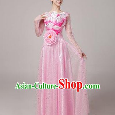 Traditional Chinese Modern Dancing Compere Costume, Women Opening Classic Chorus Singing Group Dance Uniforms, Modern Dance Long Peony Pink Dress for Women