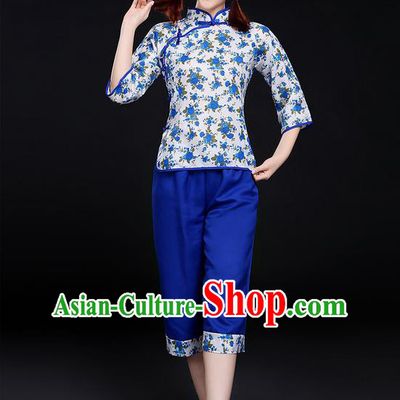 Traditional Chinese Yangge Fan Dancing Costume, Folk Dance Yangko Tea-Picking Uniforms, Classic Dance Elegant Dress Drum Dance Blue Clothing for Women