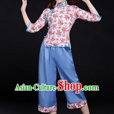 Traditional Chinese Yangge Fan Dancing Costume, Folk Dance Yangko Tea-Picking Uniforms, Classic Dance Elegant Dress Drum Dance Pink Clothing for Women