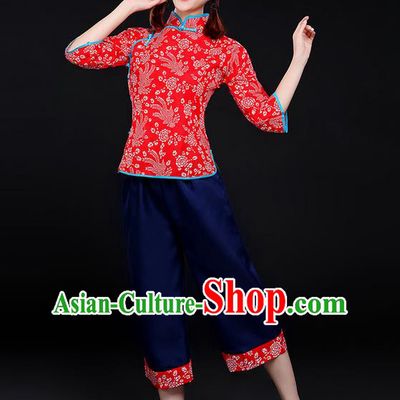 Traditional Chinese Yangge Fan Dancing Costume, Folk Dance Yangko Tea-Picking Uniforms, Classic Dance Elegant Dress Drum Dance Red Clothing for Women