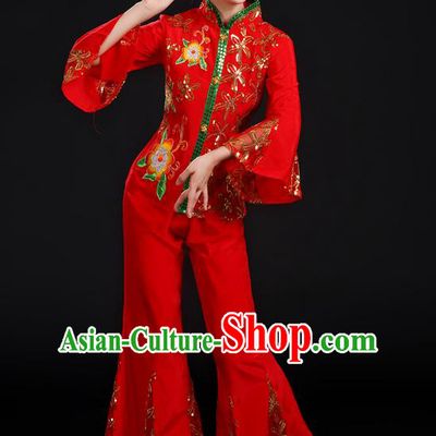 Traditional Chinese Yangge Fan Dancing Costume, Folk Dance Yangko Umbrella Dance Uniforms, Classic Dance Elegant Dress Drum Dance Red Paillette Clothing for Women