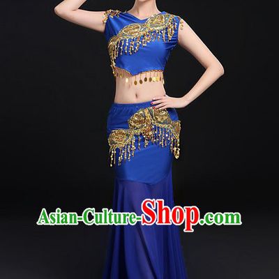 Traditional Chinese Dai Nationality Peacock Dancing Costume, Folk Dance Ethnic Paillette Fishtail Dress Uniform, Chinese Minority Nationality Dancing Royalblue Clothing for Women