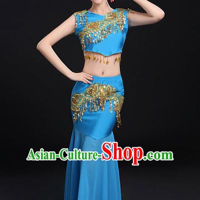 Traditional Chinese Dai Nationality Peacock Dancing Costume, Folk Dance Ethnic Paillette Fishtail Dress Uniform, Chinese Minority Nationality Dancing Blue Clothing for Women