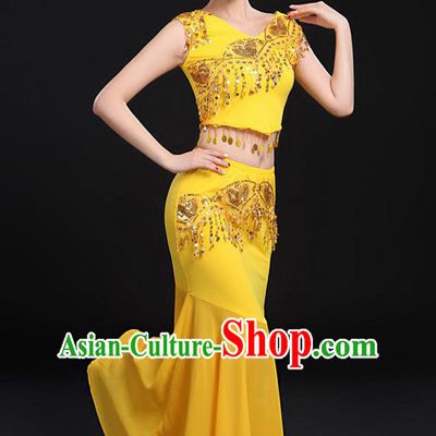 Traditional Chinese Dai Nationality Peacock Dancing Costume, Folk Dance Ethnic Paillette Fishtail Dress Uniform, Chinese Minority Nationality Dancing Gold Clothing for Women