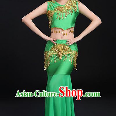 Traditional Chinese Dai Nationality Peacock Dancing Costume, Folk Dance Ethnic Paillette Fishtail Dress Uniform, Chinese Minority Nationality Dancing Green Clothing for Women