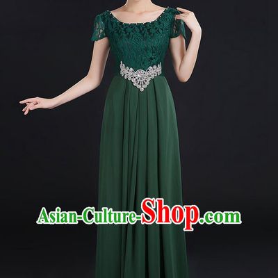 Traditional Modern Dancing Compere Costume, Women Opening Classic Chorus Singing Group Dance Uniforms, Modern Dance Lace Long Atrovirens Dress for Women