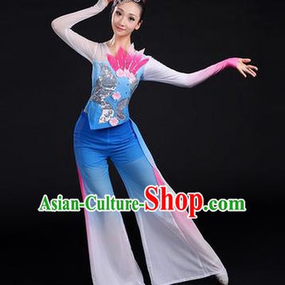 Traditional Chinese Yangge Fan Dancing Costume, Folk Dance Yangko Uniforms, Classic Dance Elegant Dress Drum Dance Paillette Lotus Blue Clothing for Women