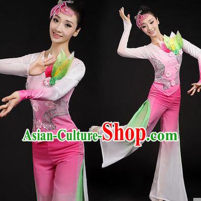 Traditional Chinese Yangge Fan Dancing Costume, Folk Dance Yangko Uniforms, Classic Dance Elegant Dress Drum Dance Paillette Lotus Pink Clothing for Women
