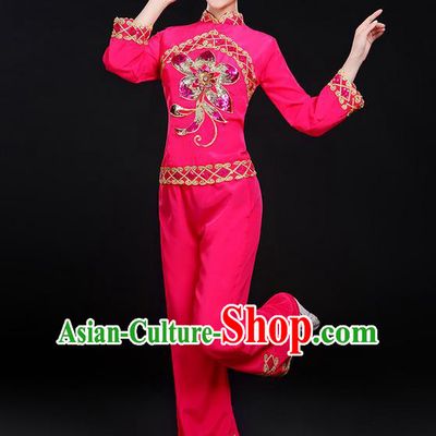 Traditional Chinese Yangge Fan Dancing Costume, Folk Dance Yangko Uniforms, Classic Dance Elegant Dress Drum Dance Paillette Peony Rose Clothing for Women