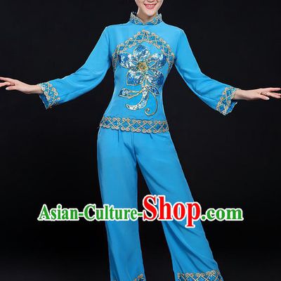 Traditional Chinese Yangge Fan Dancing Costume, Folk Dance Yangko Uniforms, Classic Dance Elegant Dress Drum Dance Paillette Peony Blue Clothing for Women