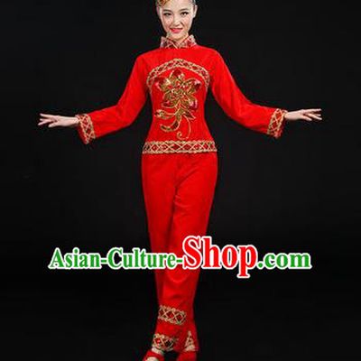Traditional Chinese Yangge Fan Dancing Costume, Folk Dance Yangko Uniforms, Classic Dance Elegant Dress Drum Dance Paillette Peony Red Clothing for Women