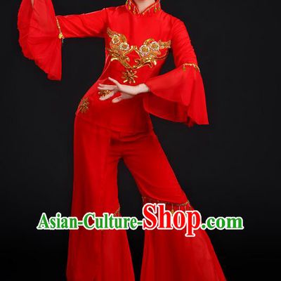 Traditional Chinese Yangge Fan Dancing Costume, Folk Dance Yangko Uniforms, Classic Dance Elegant Dress Drum Dance Paillette Red Clothing for Women