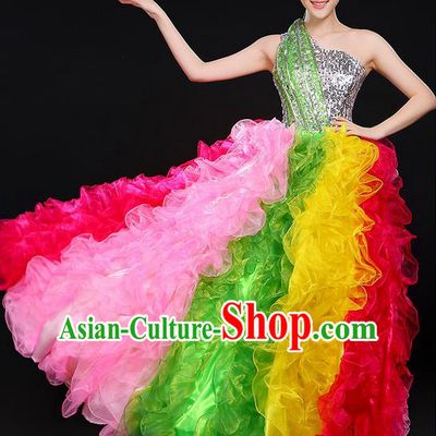 Traditional Chinese Modern Dancing Compere Costume, Women Opening Classic Chorus Singing Group Dance Big Swing Uniforms, Modern Dance Long Bubble Paillette Dress for Women