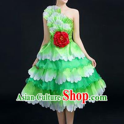 Traditional Chinese Modern Dancing Compere Costume, Women Opening Classic Chorus Singing Group Dance Big Swing Uniforms, Modern Dance Peony Bubble Dress for Women