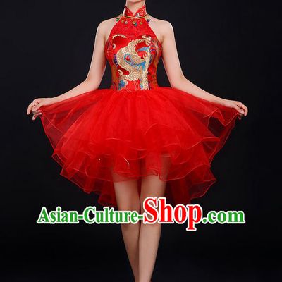 Traditional Chinese Modern Dancing Compere Costume, Women Opening Classic Chorus Singing Group Dance Dragon Uniforms, Modern Dance Classic Dance Cheongsam Red Dress for Women