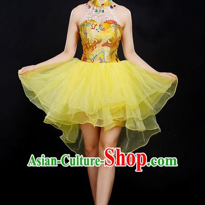 Traditional Chinese Modern Dancing Compere Costume, Women Opening Classic Chorus Singing Group Dance Dragon Uniforms, Modern Dance Classic Dance Yellow Cheongsam Dress for Women