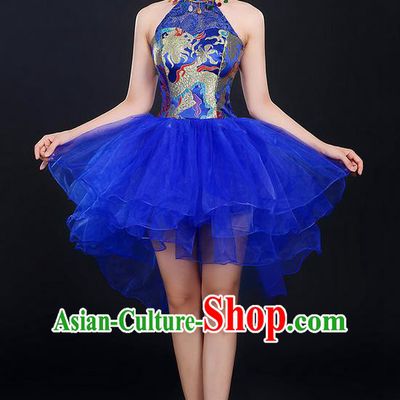 Traditional Chinese Modern Dancing Compere Costume, Women Opening Classic Chorus Singing Group Dance Dragon Uniforms, Modern Dance Classic Dance Blue Cheongsam Dress for Women