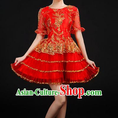 Traditional Chinese Modern Dancing Compere Costume, Women Opening Classic Chorus Singing Group Dance Uniforms, Modern Dance Classic Dance Paillette Bubble Dress for Women