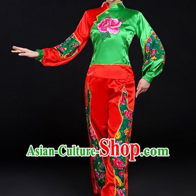 Traditional Chinese Yangge Fan Dancing Costume, Folk Dance Yangko Embroidered Uniforms, Classic Dance Elegant Dress Drum Dance Clothing for Women