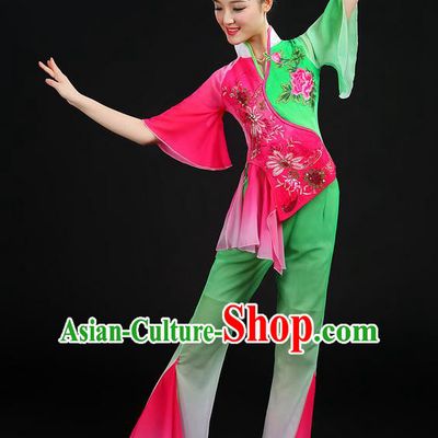 Traditional Chinese Yangge Fan Dancing Costume, Folk Dance Yangko Embroidered Peony Uniforms, Classic Dance Elegant Dress Drum Dance Clothing for Women