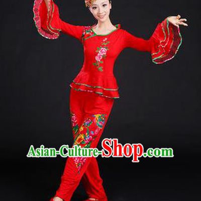 Traditional Chinese Yangge Fan Dancing Costume, Folk Dance Yangko Embroidered Peony Uniforms, Classic Umbrella Dance Elegant Dress Drum Dance Red Clothing for Women