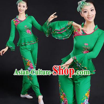 Traditional Chinese Yangge Fan Dancing Costume, Folk Dance Yangko Embroidered Peony Uniforms, Classic Umbrella Dance Elegant Dress Drum Dance Green Clothing for Women