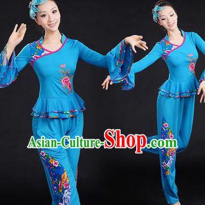 Traditional Chinese Yangge Fan Dancing Costume, Folk Dance Yangko Embroidered Peony Uniforms, Classic Umbrella Dance Elegant Dress Drum Dance Blue Clothing for Women