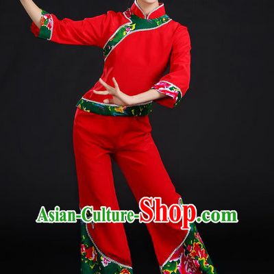 Traditional Chinese Yangge Fan Dancing Costume, Folk Dance Yangko Peony Uniforms, Classic Umbrella Dance Elegant Dress Drum Dance Red Clothing for Women