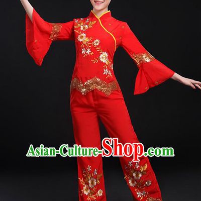 Traditional Chinese Yangge Fan Dancing Costume, Folk Dance Yangko Uniforms, Classic Umbrella Dance Elegant Dress Drum Dance Red Paillette Flowers Clothing for Women