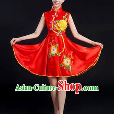 Traditional Chinese Yangge Fan Dancing Costume, Folk Dance Yangko Peony Uniforms, Classic Umbrella Dance Elegant Dress Drum Dance Red Cheongsam Clothing for Women