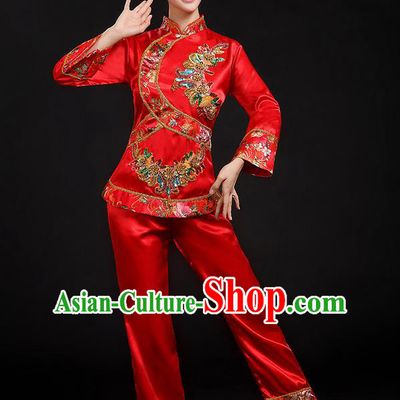 Traditional Chinese Yangge Fan Dancing Costume, Folk Dance Yangko Uniforms, Classic Umbrella Dance Elegant Dress Drum Dance Red Paillette Phoenix Clothing for Women