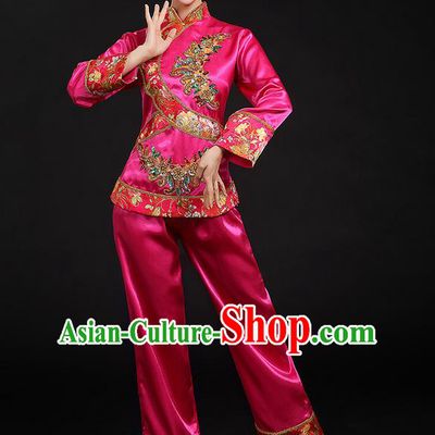 Traditional Chinese Yangge Fan Dancing Costume, Folk Dance Yangko Uniforms, Classic Umbrella Dance Elegant Dress Drum Dance Pink Paillette Phoenix Clothing for Women