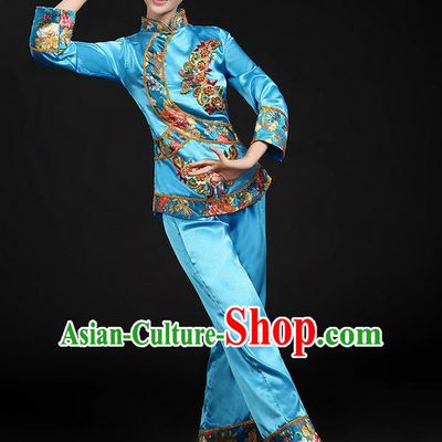 Traditional Chinese Yangge Fan Dancing Costume, Folk Dance Yangko Uniforms, Classic Umbrella Dance Elegant Dress Drum Dance Blue Paillette Phoenix Clothing for Women