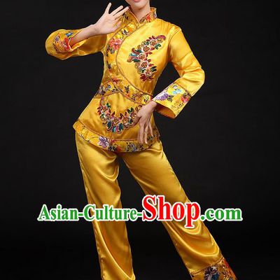 Traditional Chinese Yangge Fan Dancing Costume, Folk Dance Yangko Uniforms, Classic Umbrella Dance Elegant Dress Drum Dance Yellow Paillette Phoenix Clothing for Women