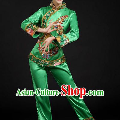 Traditional Chinese Yangge Fan Dancing Costume, Folk Dance Yangko Uniforms, Classic Umbrella Dance Elegant Dress Drum Dance Green Paillette Phoenix Clothing for Women