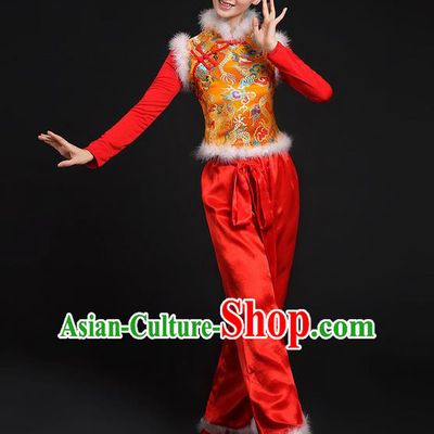 Traditional Chinese Yangge Fan Dancing Costume, Folk Dance Yangko Uniforms, Classic Umbrella Dance Elegant Dress Drum Dance Mandarin Collar Phoenix Clothing for Women