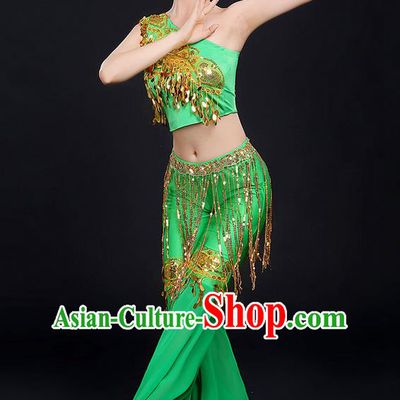 Traditional Chinese Dai Nationality Peacock Dancing Costume, Folk Dance Ethnic Paillette Dress Uniform, Chinese Minority Nationality Dancing Green Clothing for Women