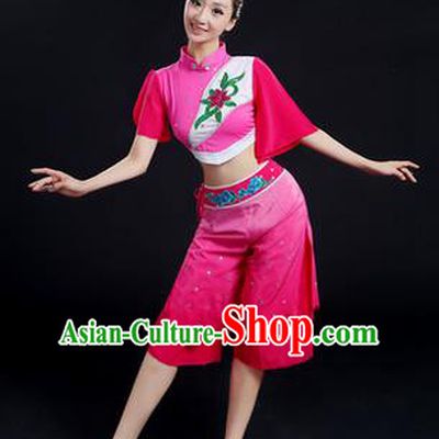 Traditional Chinese Yangge Fan Dancing Costume, Folk Dance Yangko Uniforms, Classic Dance Elegant Dress Drum Dance Pink Clothing for Women