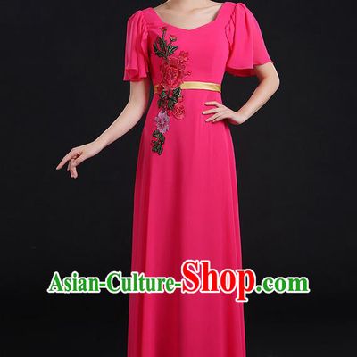 Traditional Chinese Modern Dancing Compere Costume, Women Opening Classic Chorus Singing Group Dance Peony Uniforms, Modern Dance Long Pink Dress for Women