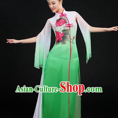 Traditional Chinese Yangge Fan Dancing Costume, Folk Dance Yangko Uniforms, Classic Lotus Dance Elegant Dress Drum Dance Green Clothing for Women