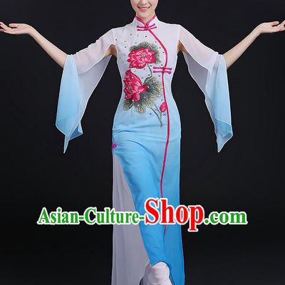 Traditional Chinese Yangge Fan Dancing Costume, Folk Dance Yangko Uniforms, Classic Lotus Dance Elegant Dress Drum Dance Blue Clothing for Women