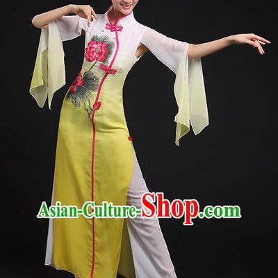 Traditional Chinese Yangge Fan Dancing Costume, Folk Dance Yangko Uniforms, Classic Lotus Dance Elegant Dress Drum Dance Yellow Clothing for Women
