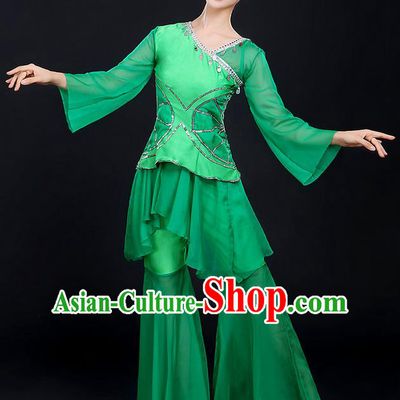 Traditional Chinese Yangge Fan Dancing Costume, Folk Dance Yangko Uniforms, Classic Lotus Dance Elegant Dress Drum Dance Paillette Green Clothing for Women
