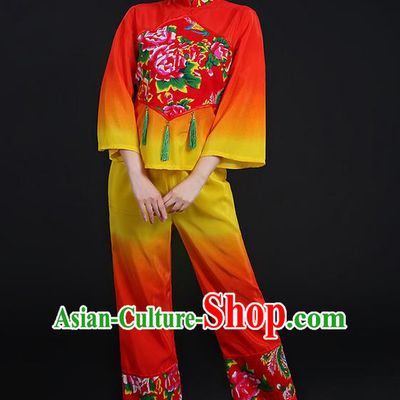 Traditional Chinese Yangge Fan Dancing Costume, Folk Dance Yangko Uniforms, Classic Dance Elegant Dress Drum Dance Peony Red Clothing for Women