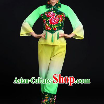Traditional Chinese Yangge Fan Dancing Costume, Folk Dance Yangko Uniforms, Classic Dance Elegant Dress Drum Dance Peony Green Clothing for Women