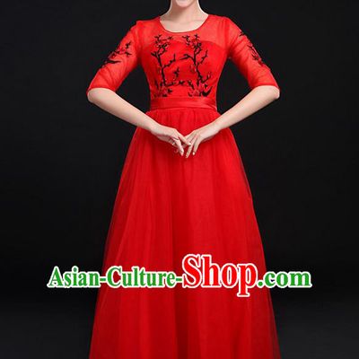 Traditional Chinese Modern Dancing Compere Costume, Women Opening Classic Chorus Singing Group Dance Bubble Uniforms, Modern Dance Embroidered Plum Blossom Long Red Dress for Women