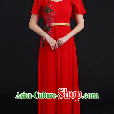 Traditional Chinese Modern Dancing Compere Costume, Women Opening Classic Chorus Singing Group Dance Peony Uniforms, Modern Dance Classic Dance Long Red Dress for Women