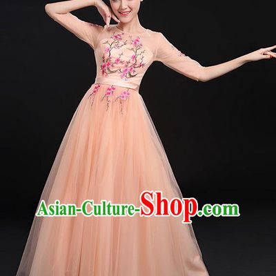 Traditional Chinese Modern Dancing Compere Costume, Women Opening Classic Chorus Singing Group Dance Bubble Uniforms, Modern Dance Embroidered Plum Blossom Long Fleshcolor Dress for Women
